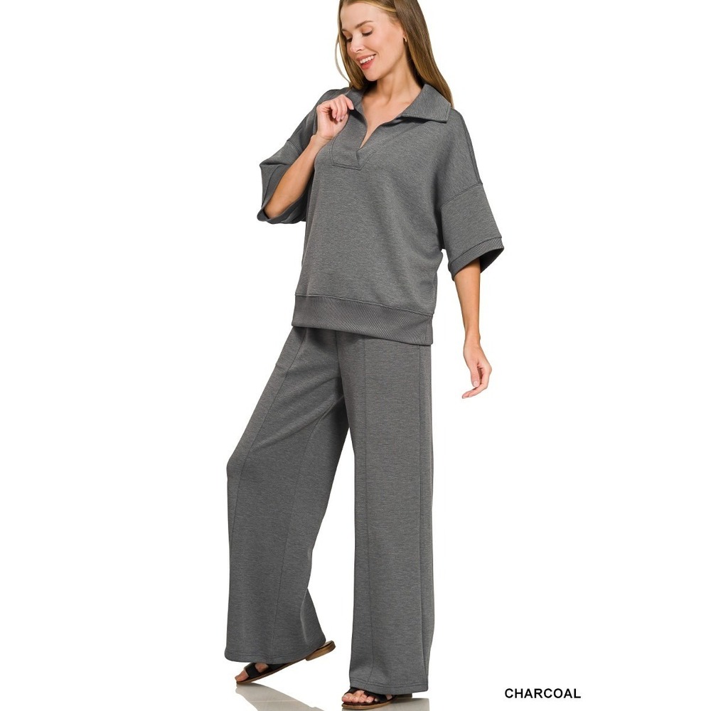 Zenana Scuba Collared Short Sleeve Pullover & Center Seam Pants Set - Small